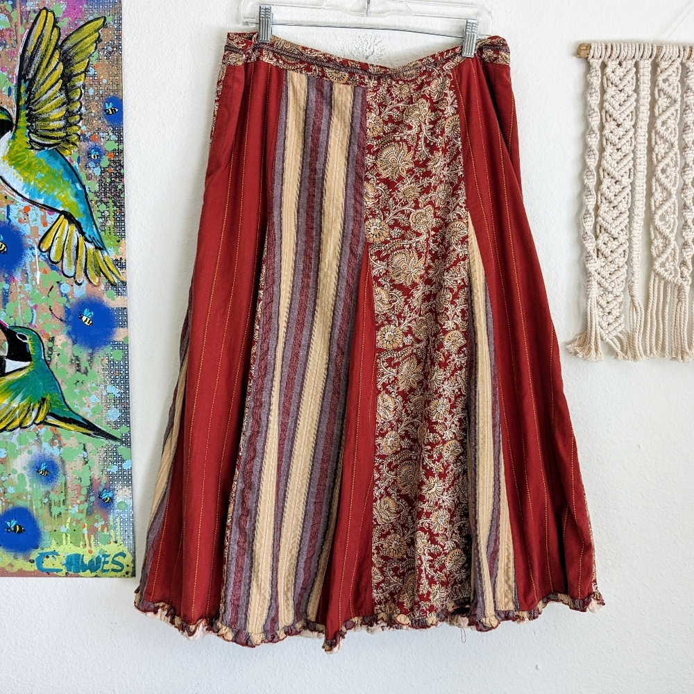 Per Una Burgundy Red Striped Patchwork Boho Hippie Gypsy Midi Skirt Size 14